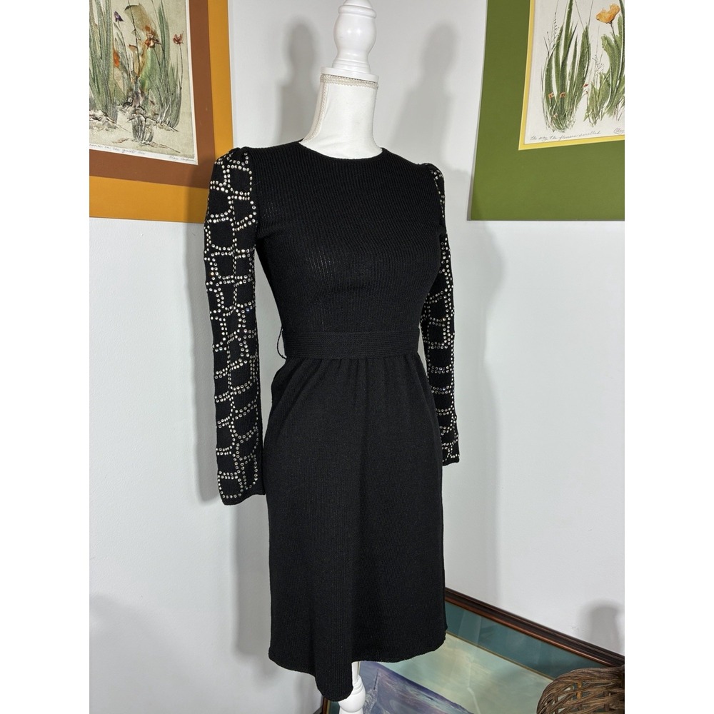 Vintage 80s Pat Sandler for Wellmore Black Rhinestone Sweater Dress Long Sleeve